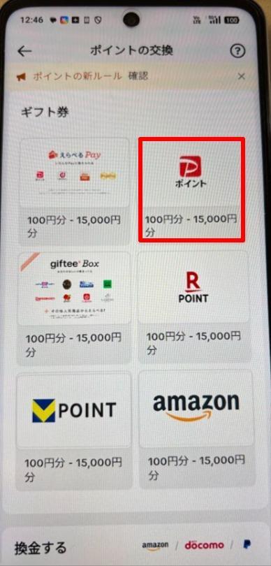 PayPayポイントを選択する画面