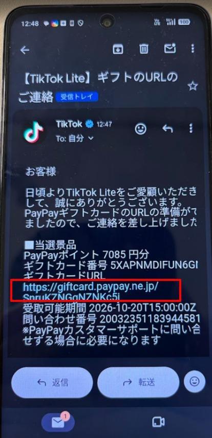 TikTok Liteから届いたギフトURLのメール