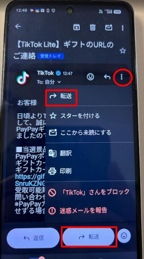 メールをPayPay端末へ転送する画面